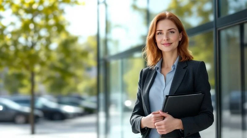 Professionelle Frau mit Mappe vor einem modernen Bürogebäude in Oberhausen