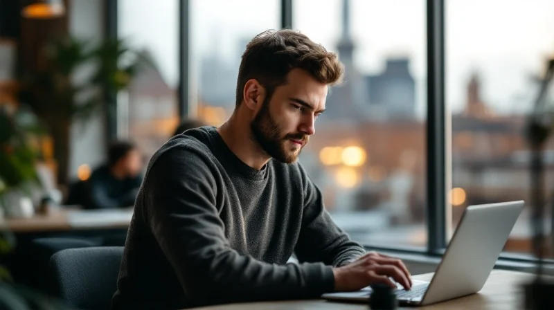 Oberhausener Angestellter im Coworking-Space mit Laptop, im Hintergrund Gasometer-Silhouette