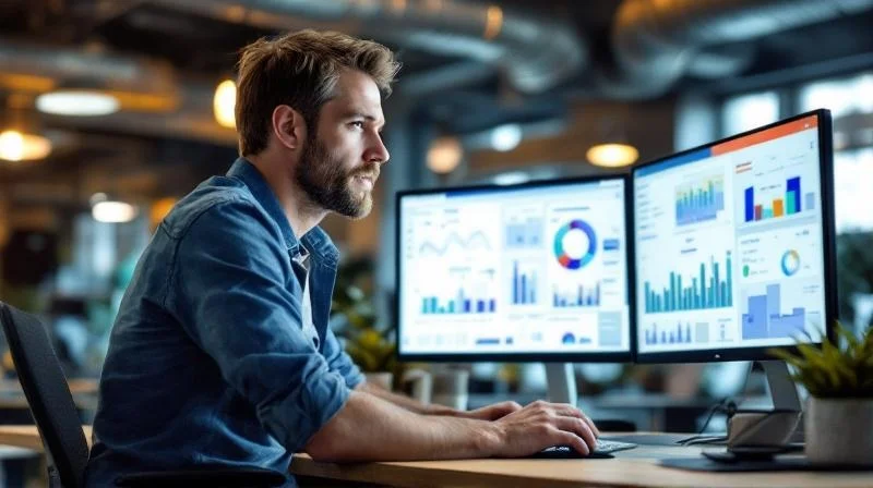 Quereinsteiger am Schreibtisch in einem Oberhausener Coworking Space mit Industriegrafiken auf den Bildschirmen
