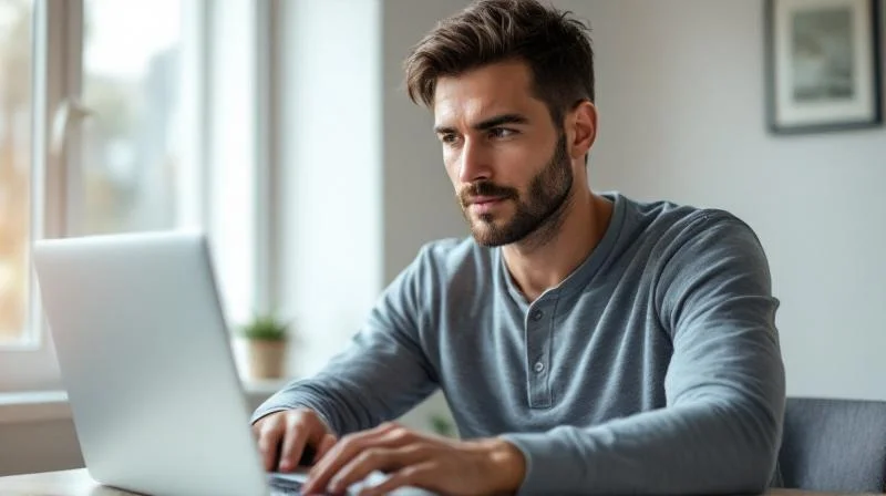 Mann arbeitet konzentriert am Laptop in einem hellen Raum mit Blick auf eine Straße in Oberhausen